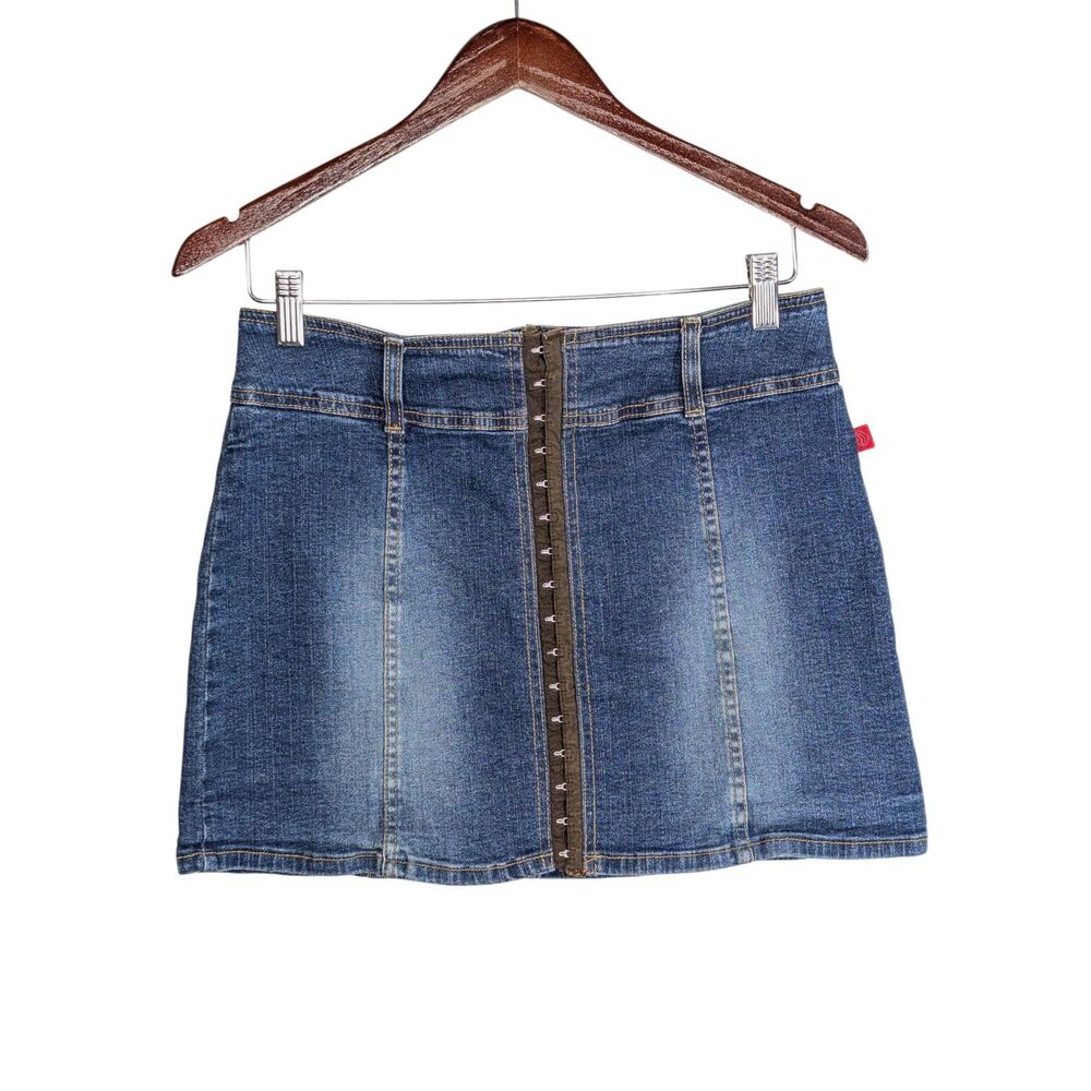 Y2K Denim Mini Jean Skirt Front Hook Closure Sz 7 Hot Kiss Cotton Spandex